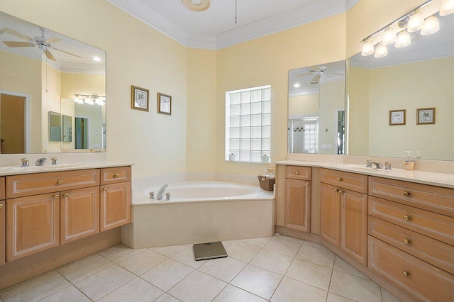 bathroom with tile patterned floors, ceiling fan, crown molding, and independent shower and bath