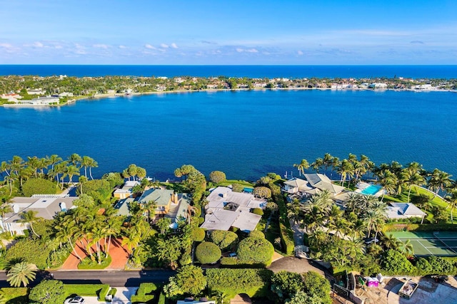 birds eye view of property featuring a water view