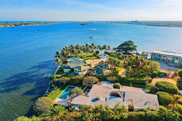 drone / aerial view featuring a water view