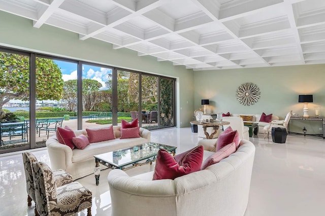 living room with beamed ceiling and coffered ceiling