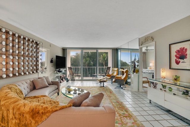 tiled living room featuring a wall of windows and ornamental molding