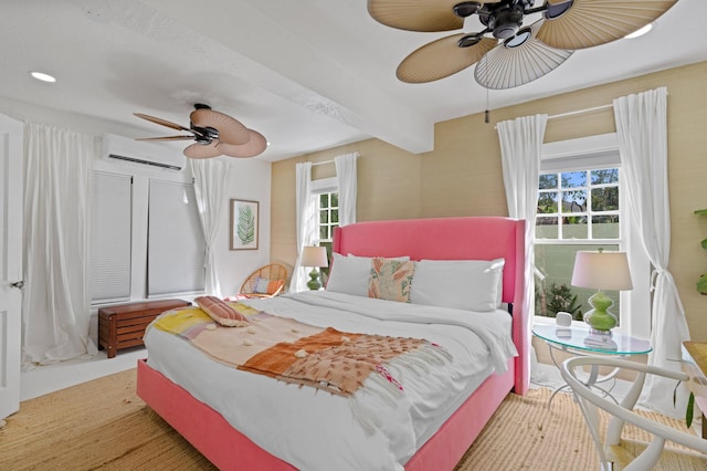 bedroom featuring ceiling fan, beamed ceiling, and a wall mounted air conditioner