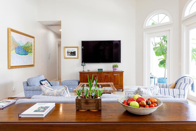 living room featuring a towering ceiling