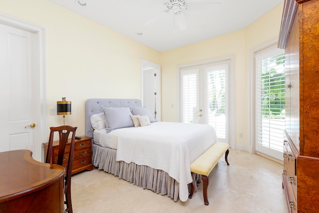 bedroom with access to outside and ceiling fan