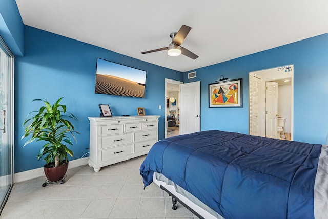 bedroom with connected bathroom and ceiling fan