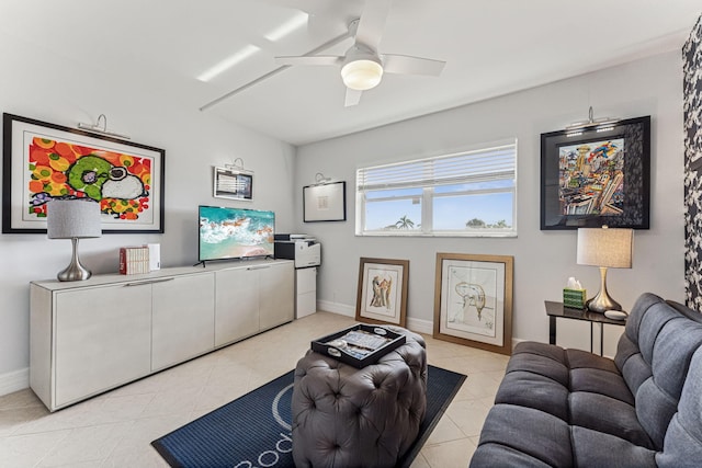 living room with light tile patterned floors and ceiling fan