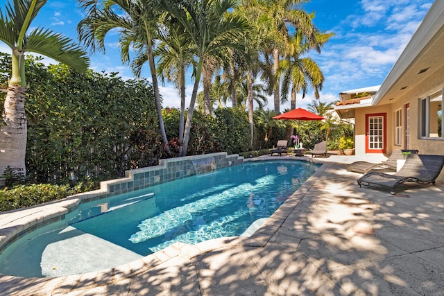 view of swimming pool with a patio area