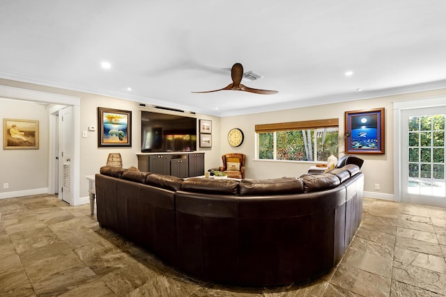 living room with crown molding and ceiling fan