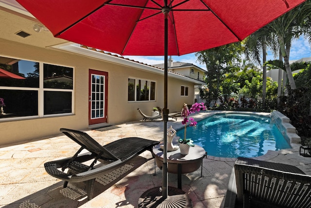 view of swimming pool featuring pool water feature and a patio area