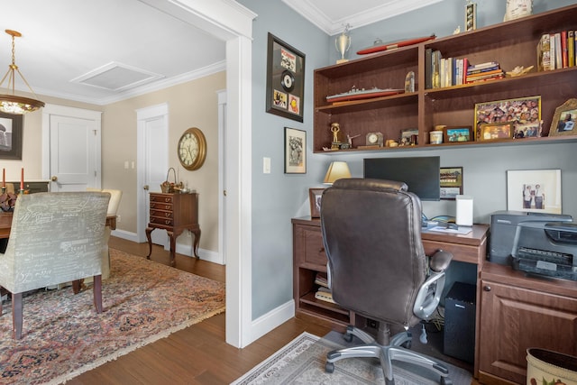 office area featuring crown molding and dark hardwood / wood-style flooring