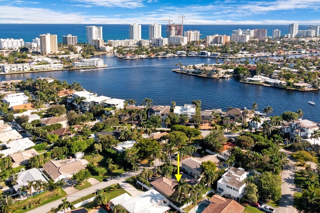 bird's eye view with a water view