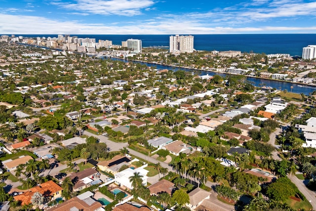 drone / aerial view with a water view