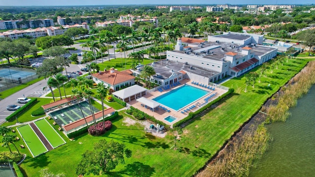 drone / aerial view featuring a water view