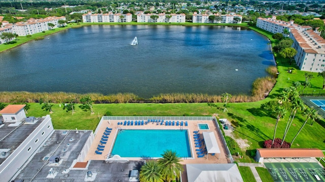 drone / aerial view with a water view