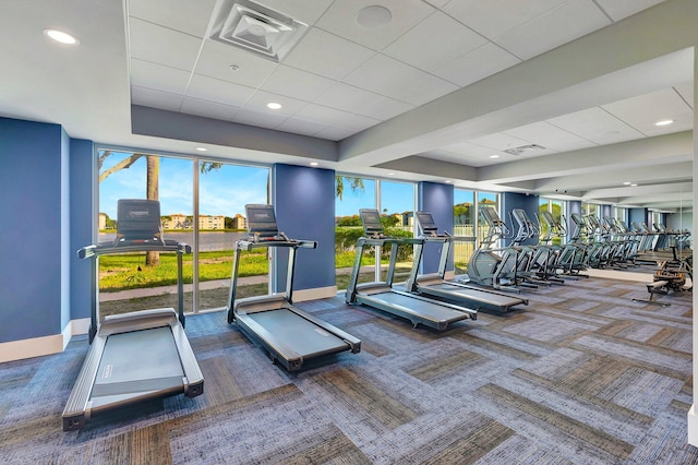 workout area with carpet floors and a tray ceiling