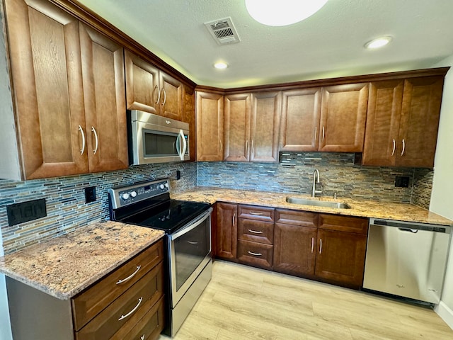 kitchen featuring sink, light stone counters, backsplash, appliances with stainless steel finishes, and light wood-type flooring