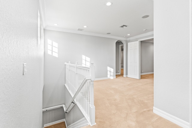 hall featuring light colored carpet and ornamental molding