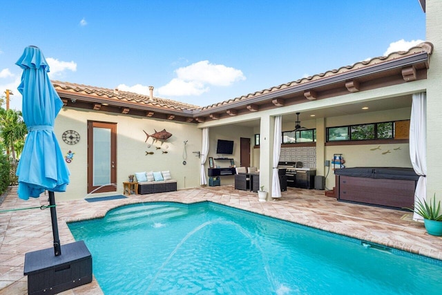 view of pool featuring a hot tub, an outdoor hangout area, ceiling fan, and a patio area