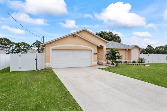 ranch-style house featuring a garage and a front yard