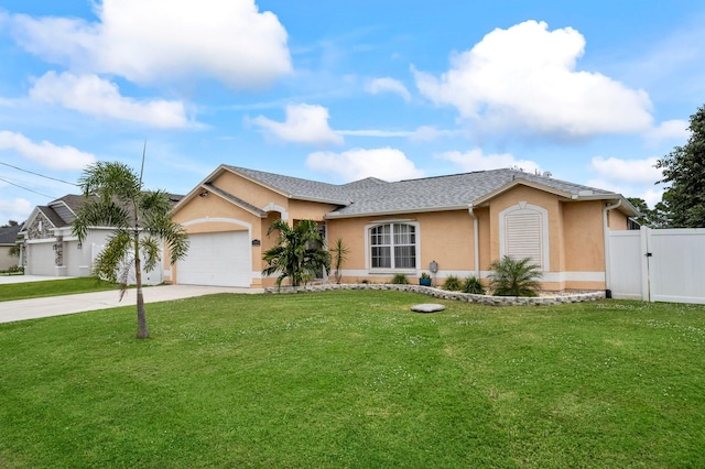 ranch-style house with a garage and a front lawn