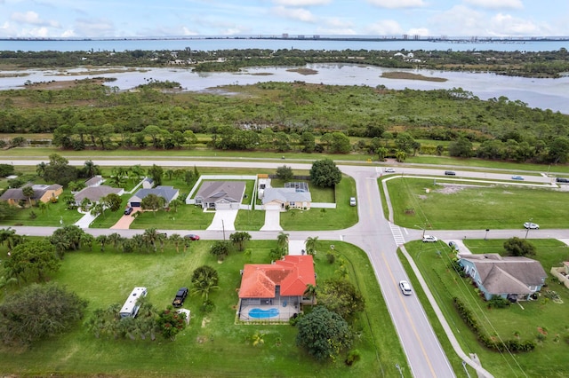 aerial view featuring a water view