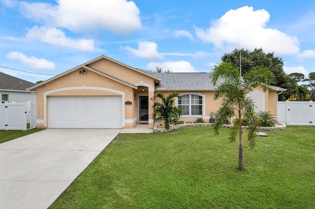 ranch-style house with a front yard and a garage