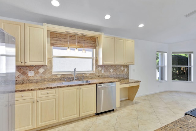 kitchen featuring stainless steel dishwasher, plenty of natural light, sink, and tasteful backsplash