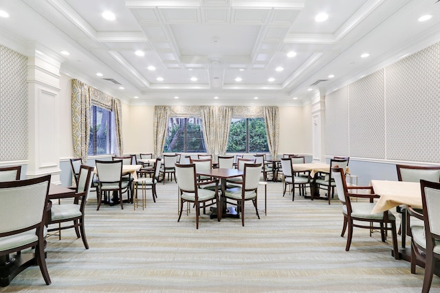 carpeted dining area with ornamental molding, coffered ceiling, and beam ceiling