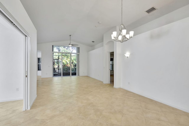 unfurnished living room featuring light tile patterned floors, ceiling fan with notable chandelier, and lofted ceiling