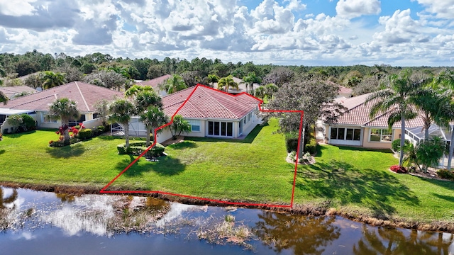 drone / aerial view featuring a water view