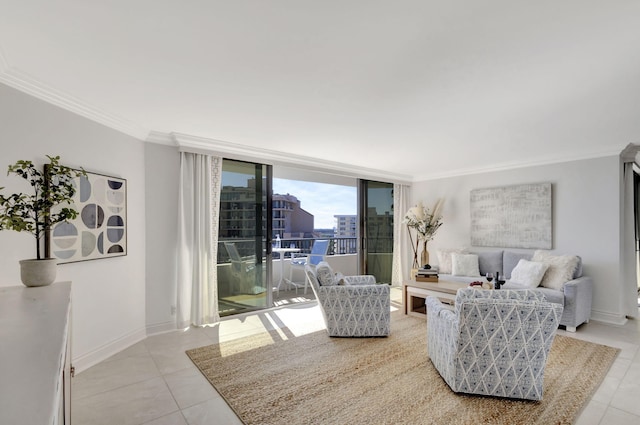 living room featuring light tile patterned floors, crown molding, and expansive windows