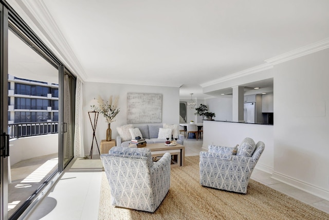 living room featuring crown molding and light tile patterned flooring