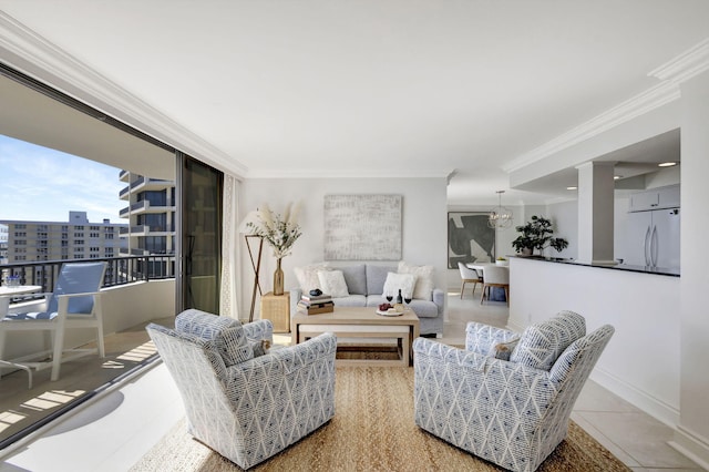 tiled living room featuring ornamental molding