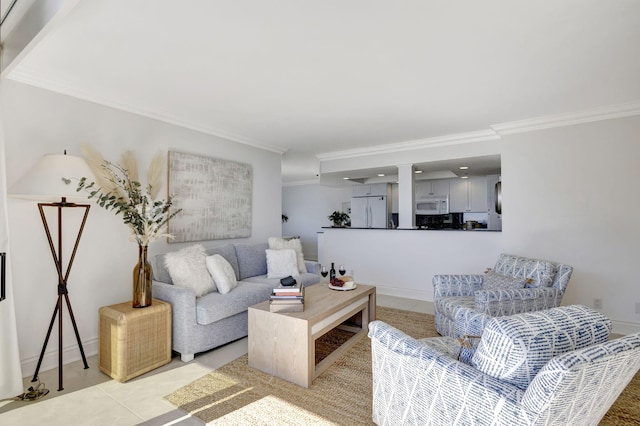 tiled living room with ornamental molding