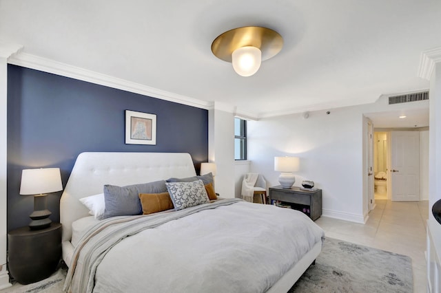 tiled bedroom with crown molding