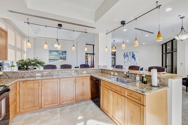 kitchen featuring sink, stainless steel electric stove, hanging light fixtures, and dishwasher