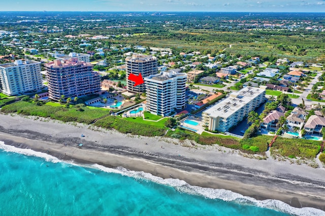 aerial view with a view of the beach and a water view