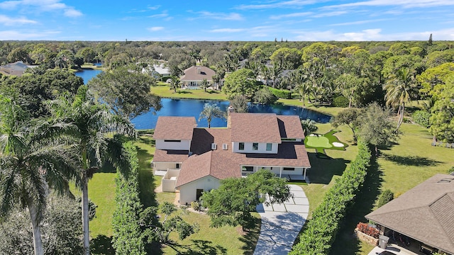 bird's eye view with a water view