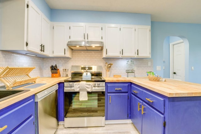 kitchen featuring backsplash, wood counters, white cabinetry, and stainless steel appliances