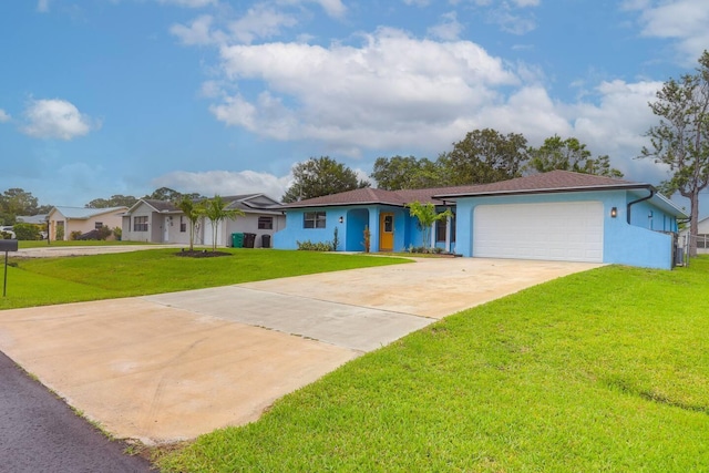 single story home featuring a front yard and a garage