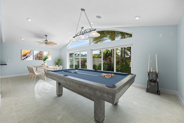 recreation room featuring ceiling fan, light tile patterned flooring, vaulted ceiling, and pool table