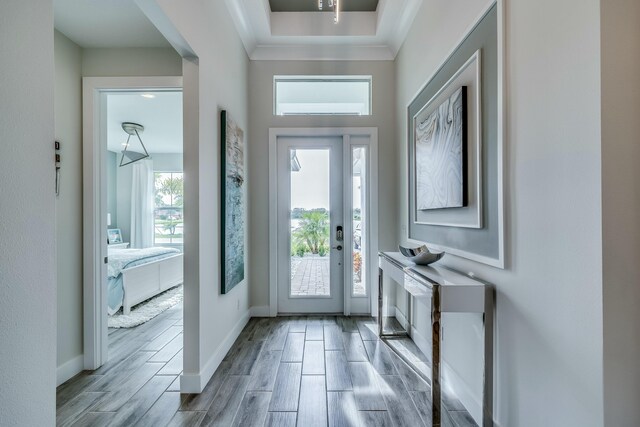 entryway featuring crown molding and light hardwood / wood-style flooring