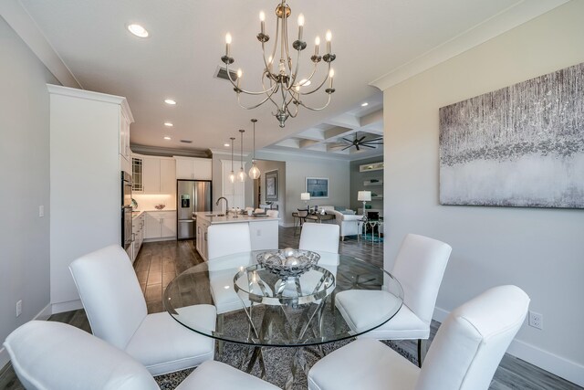 dining space featuring coffered ceiling, ceiling fan with notable chandelier, sink, beam ceiling, and dark hardwood / wood-style flooring