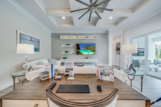 living room featuring coffered ceiling, ceiling fan, crown molding, beamed ceiling, and tile patterned flooring