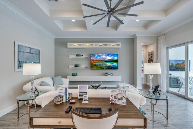 living room with beamed ceiling, ceiling fan, ornamental molding, and coffered ceiling