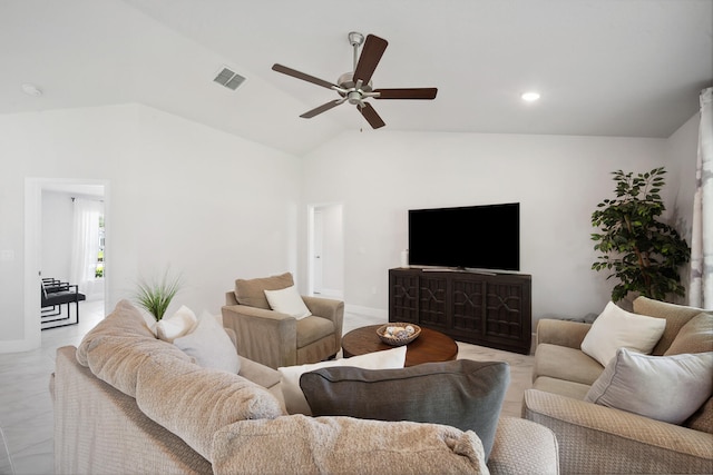 living room featuring ceiling fan, light tile patterned flooring, and lofted ceiling