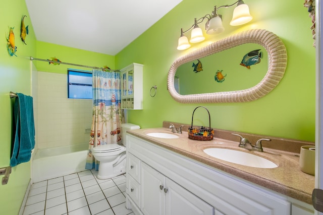 full bathroom featuring toilet, tile patterned flooring, shower / tub combo, and vanity