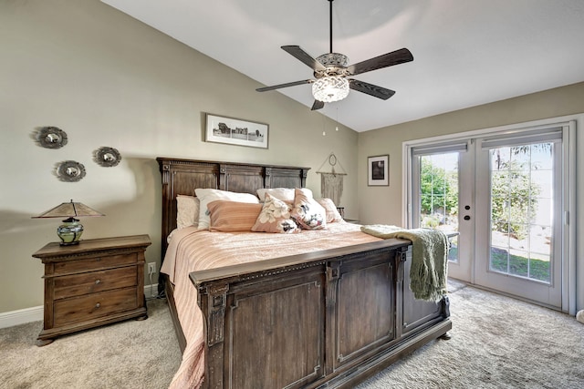 bedroom featuring ceiling fan, french doors, light colored carpet, lofted ceiling, and access to outside