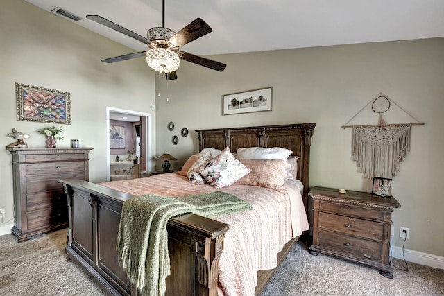 bedroom with ceiling fan, high vaulted ceiling, and light colored carpet