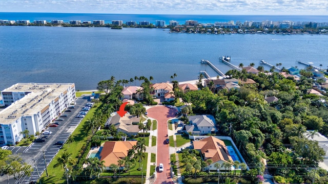 bird's eye view with a water view